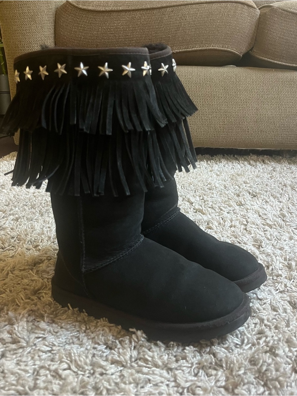 Jimmy Choo Black Fringe Star-Stud Suede Boots